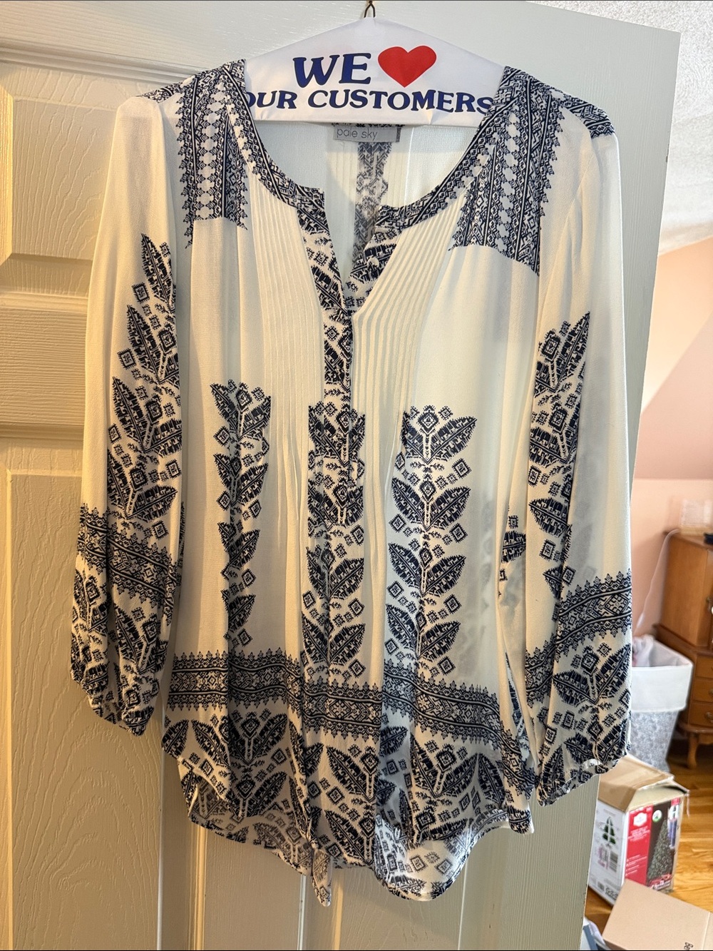 Women's Cream Blouse with Navy Boho Print
